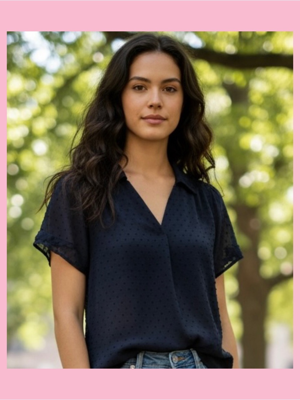 DR2 Navy Dot-Textured Short Sleeve V-Neck Blouse